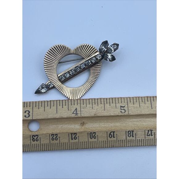 Vintage Van Dell Gold Filled Heart and Arrow Brooch Pin Clear / Gray Rhinestones